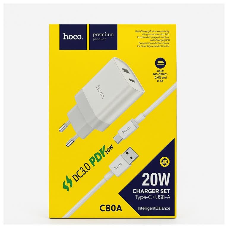 CHARGEURE HOCO C80A TYPE C +USB A 20W FAST CHARGE TYPE C20W + USB 18W