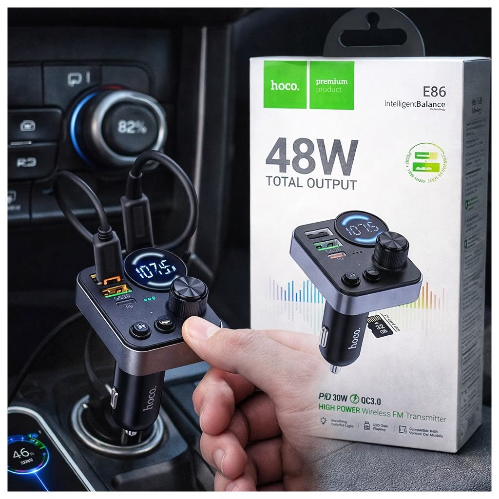 🚗🎶 مشغل FM للسيارة HOCO E86 – شاحن سريع 48W + بلوتوث + شاشة LED