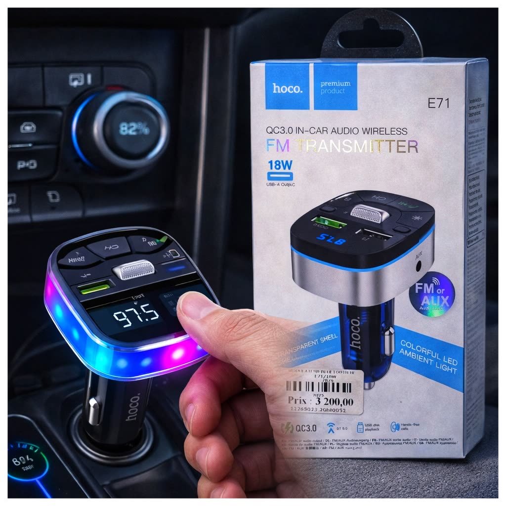 🚗🎶 مشغل FM للسيارة HOCO E71 – بلوتوث + AUX + شحن سريع 18W
